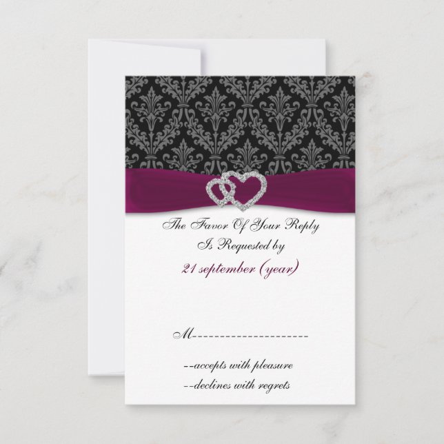Fuchsia Damask IMITATE Band Diamante Hochzeit RSVP Karte (Vorderseite)