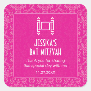 Fuchsia Damask Torah Bat Mitzvah Quadratischer Aufkleber