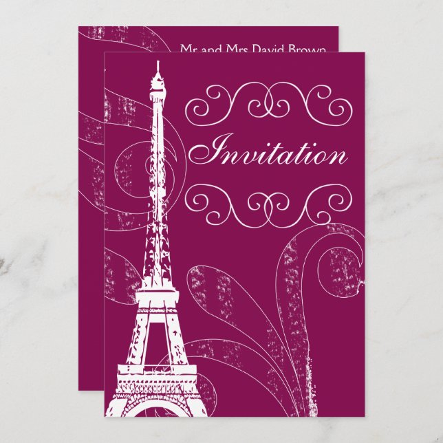 Fuchsia Eiffel Tower Einladung zur Hochzeit (Vorne/Hinten)