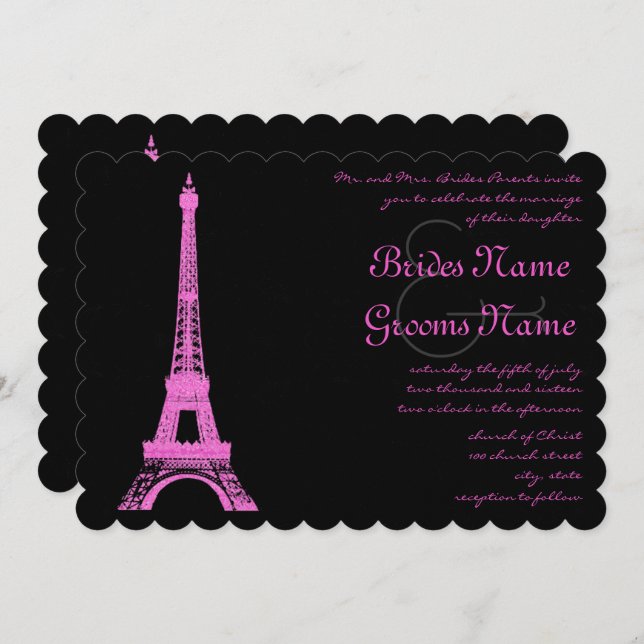 Fuchsia Eiffel Tower Wedding Einladung (Vorne/Hinten)