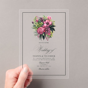 Fuchsia, Emerald Green und Black Floral Wedding Acryleinladungen