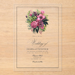 Fuchsia, Emerald Green und Black Floral Wedding Acryleinladungen