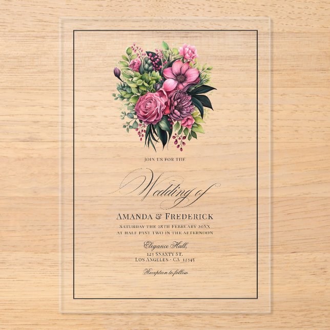 Fuchsia, Emerald Green und Black Floral Wedding Acryleinladungen (Vorderseite)