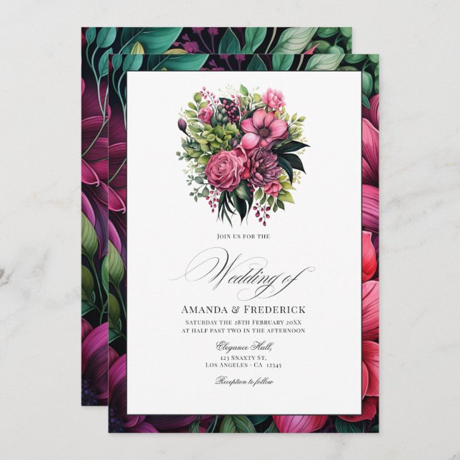 Fuchsia, Emerald Green und Black Floral Wedding Einladung (Vorne/Hinten)