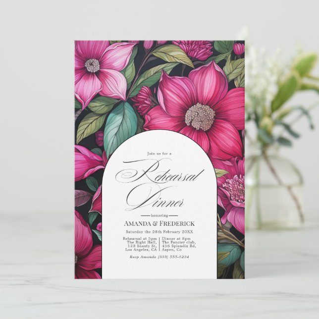 Fuchsia, Emerald Green und Black Probe Dinner Einladung (Stehend Vorderseite)