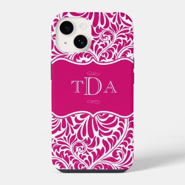 Fuchsia-Farb-Damaskus-Musterdesign monogrammiert C iPhone Hülle (Rückseite)