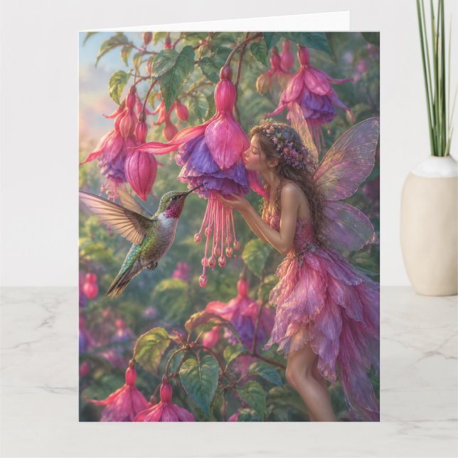 Fuchsia Fee mit Kolibri Karte (Vorderseite)