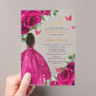 Fuchsia Floral Brown Prinzessin Quinceañera Sweet Acryleinladungen