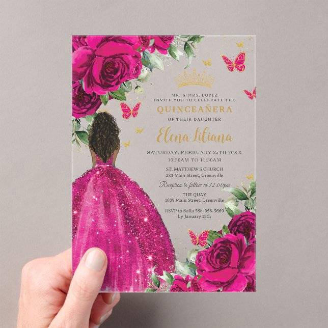 Fuchsia Floral Brown Prinzessin Quinceañera Sweet  Acryleinladungen (Insitu (Handheld))