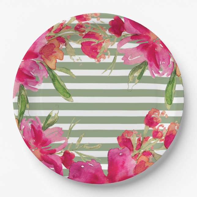 Fuchsia Floral Green Stripes Graduation Party Pappteller (Vorderseite)