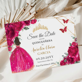 Fuchsia Floral Princess Quinceañera Save the Date