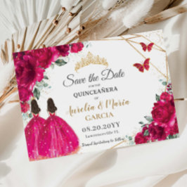Fuchsia Floral Twins XV Quinceañera Save the Date