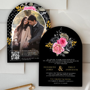 Fuchsia Florale Rosen QR Code Foto Schwarze Hochze Einladung