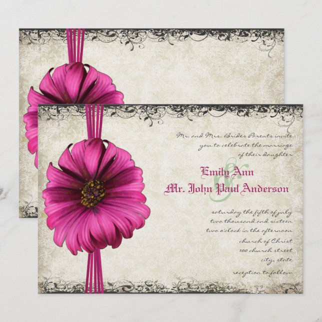 Fuchsia Gerber Daisy Wedding Invite Einladung (Vorne/Hinten)