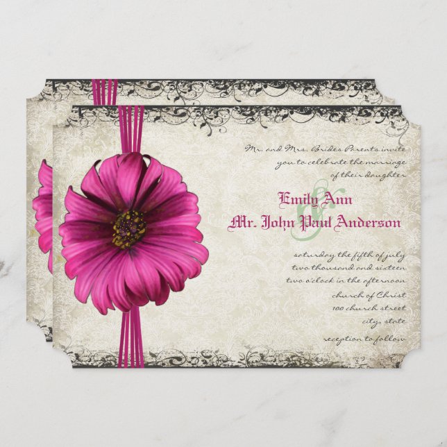 Fuchsia Gerber Daisy Wedding Invite Einladung (Vorne/Hinten)