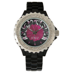 Fuchsia Gerbera Daisy mit schwarzem und weißem Swi Armbanduhr