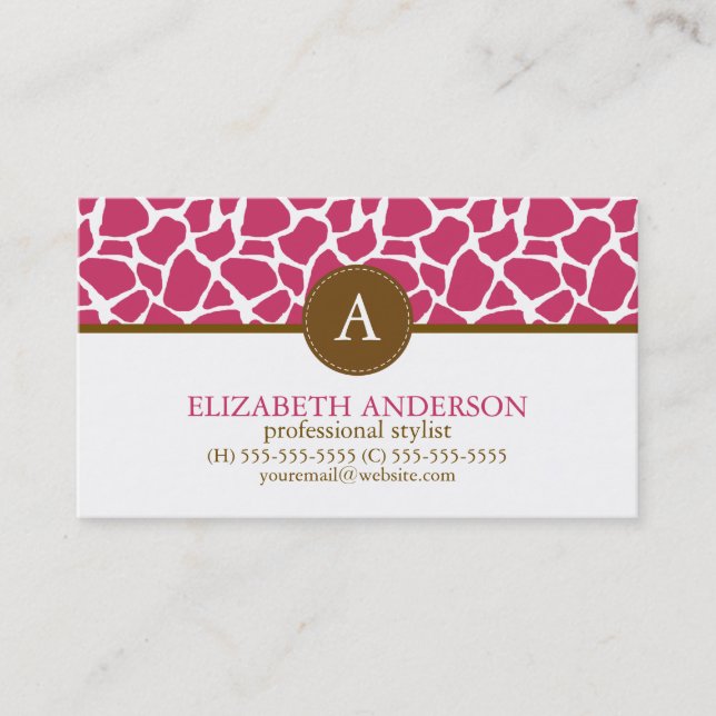 Fuchsia Giraffe Muster Monogram Visitenkarte (Vorderseite)