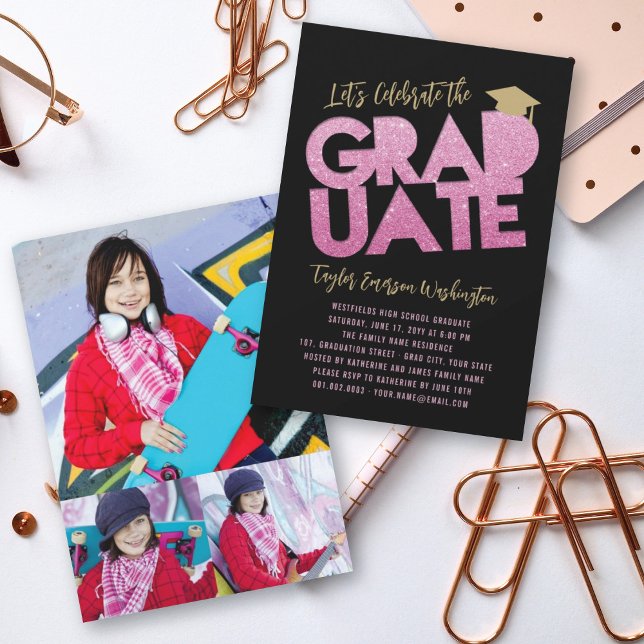 Fuchsia Glitzer Graduate Cutout Graduation Party Einladung (Von Creator hochgeladen)