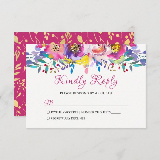 Fuchsia Gold Blossom Floral Wedding RSVP (Vorne/Hinten)