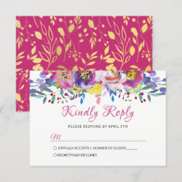 Fuchsia Gold Blossom Floral Wedding RSVP Karte