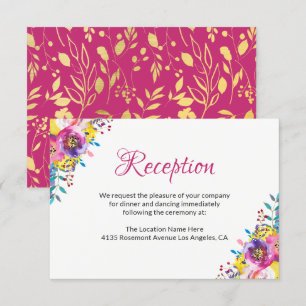 Fuchsia Gold Blüten Florale Hochzeitsempfangskarte Begleitkarte