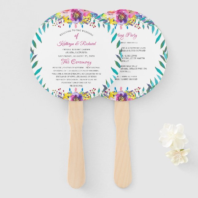 Fuchsia Gold Floral Chic Hochzeitsprogramm Hand Fa Fächer (Vorne und Hinten)