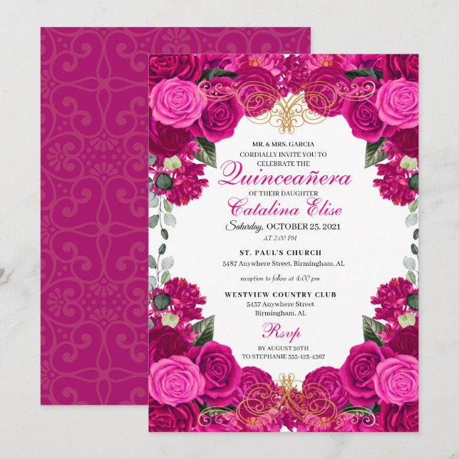 Fuchsia & Gold Floral Quinceanera Geburtstag Einladung (Vorne/Hinten)