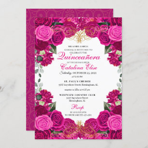 Fuchsia & Gold Floral Quinceanera Geburtstag Einladung