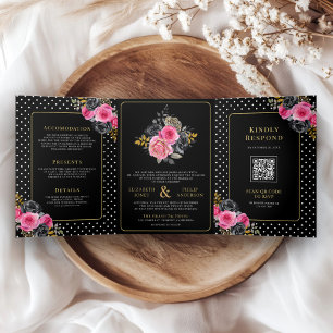 Fuchsia Gold Floral Rose Alle in einer Schwarzen H Dreifach Gefaltete Einladung