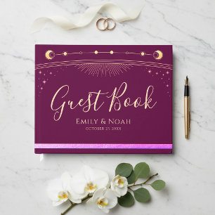Fuchsia Gold Himmels-Sonne Mond Sterne Hochzeit Gästebuch