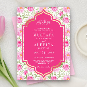 Fuchsia Gold Pink Florales Muster Muslimische Hoch Einladung