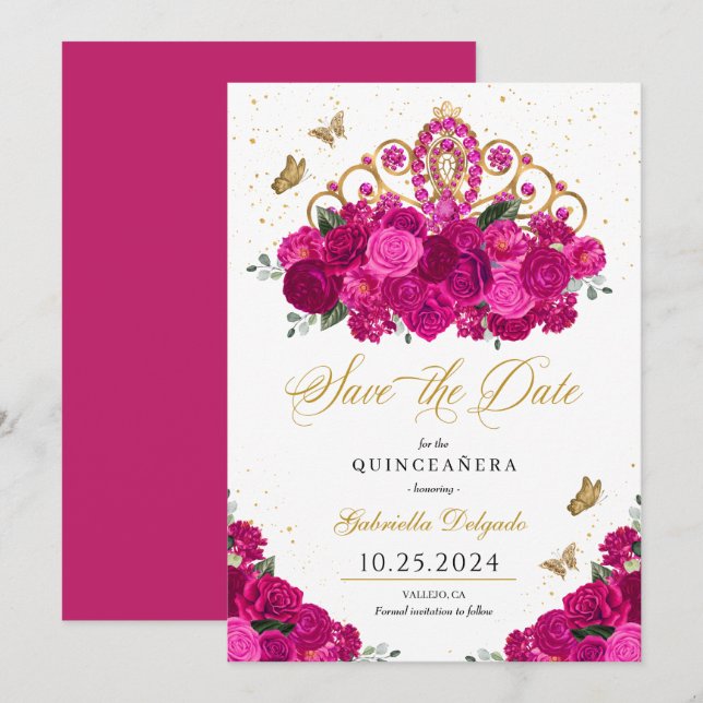 Fuchsia & Gold Tiara Save the Date Quinceañera Einladung (Vorne/Hinten)