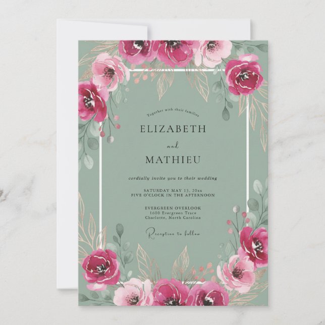 Fuchsia Graue Wildblumen-Hochzeit Einladung (Vorderseite)