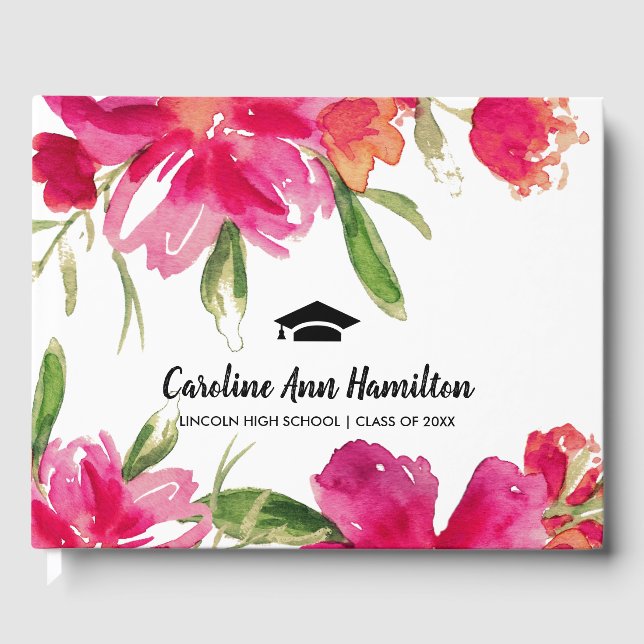 Fuchsia Green Floral Abschluss Gästebuch (Vorderseite)