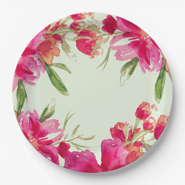 Fuchsia Green Floral Watercolor Party Pappteller (Vorderseite)