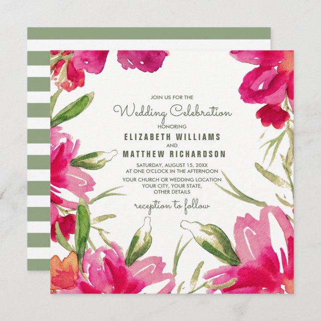 Fuchsia Green Floral Watercolor Wedding Einladung (Vorne/Hinten)