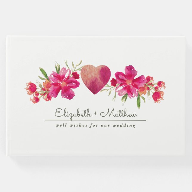 Fuchsia Green Floral Watercolor Wedding Gästebuch (Vorderseite)