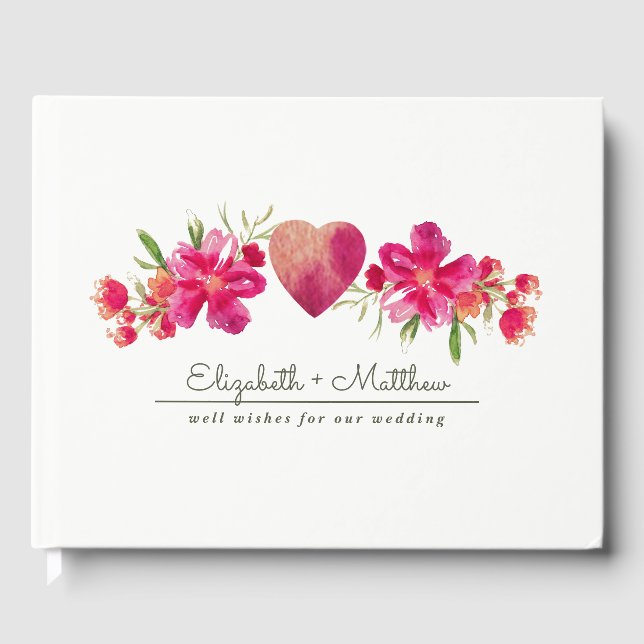 Fuchsia Green Floral Watercolor Wedding Gästebuch (Vorderseite)