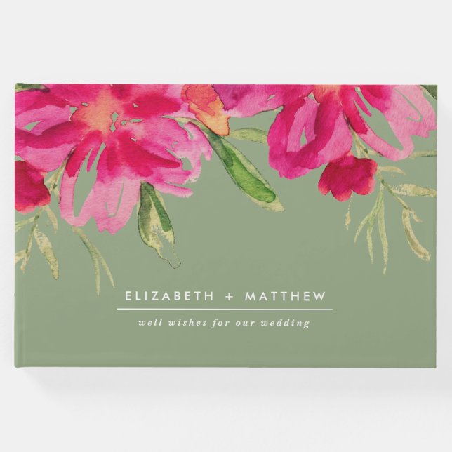 Fuchsia Green Watercolor Floral Wedding Gästebuch (Vorderseite)