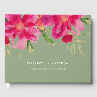 Fuchsia Green Watercolor Floral Wedding Gästebuch
