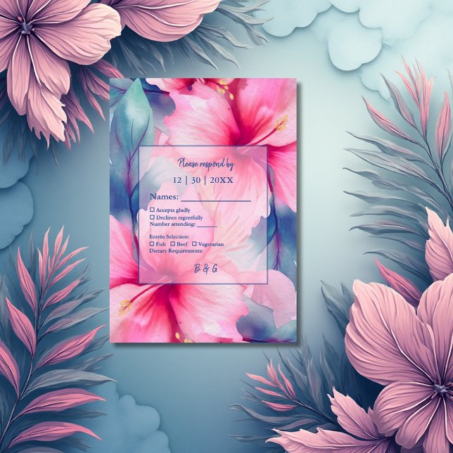 fuchsia hawaiian tropical floral hibiscus wedding RSVP karte (Von Creator hochgeladen)