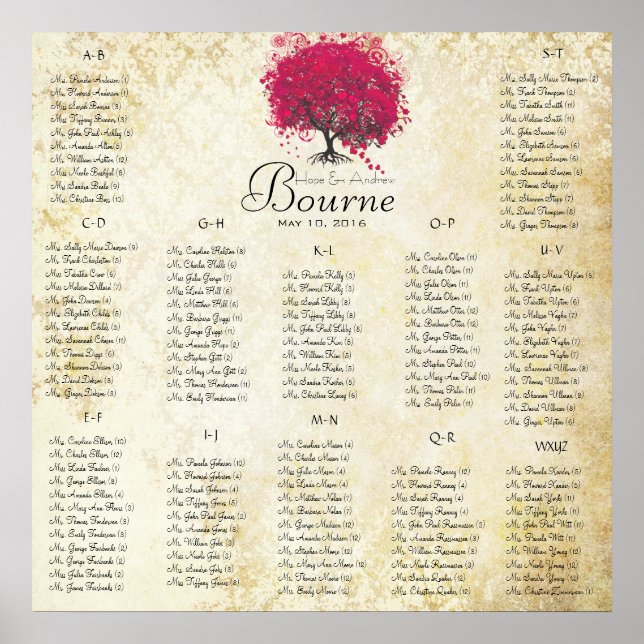 Fuchsia Herzbaum 100 bis 150 Gäste alphabetisch Poster (Vorne)