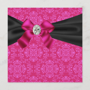 Fuchsia Hot Pink Black Damask Party Einladung