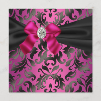 Fuchsia Hot Pink Black Damask Party Einladung