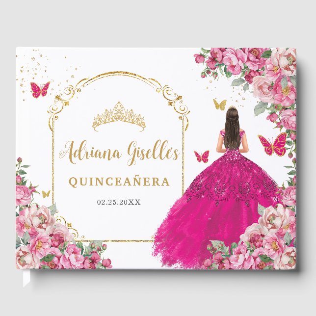 Fuchsia Hot Pink Blumenprinzessin Gold Quinceañera Gästebuch (Vorderseite)