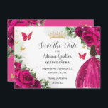 Fuchsia Hot Pink Blumenprinzessin Gold Quinceañera Save The Date<br><div class="desc">Personalisieren Sie diesen hübschen fuchsia heiß rosa Blumengebirge Quinceañera / Sweet 16 Geburtstag Save the Date einfach und schnell. Klicken Sie einfach auf die Schaltfläche "Weitere Einstellungen", um die Texte zu bearbeiten, Schriftart und Schriftart zu ändern. Mit einem Mädchen gekleidet in einem schönen glitzernden Fuchsienkugel, lebhaften Fuchsiengebäck Rose, Schmetterlinge und...</div>