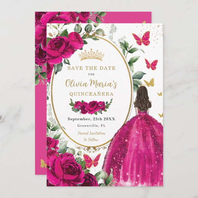 Fuchsia Hot Pink Blütendruckerin Quinceañera Save The Date (Vorne/Hinten)