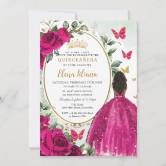 Fuchsia Hot Pink Floral Brocess Prinzessin Quincea Einladung