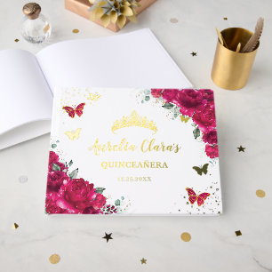Fuchsia Hot Pink Floral Butterfliegen QUINCEAÑERA Gästebuch