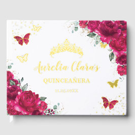 Fuchsia Hot Pink Floral Butterfliegen QUINCEAÑERA Gästebuch